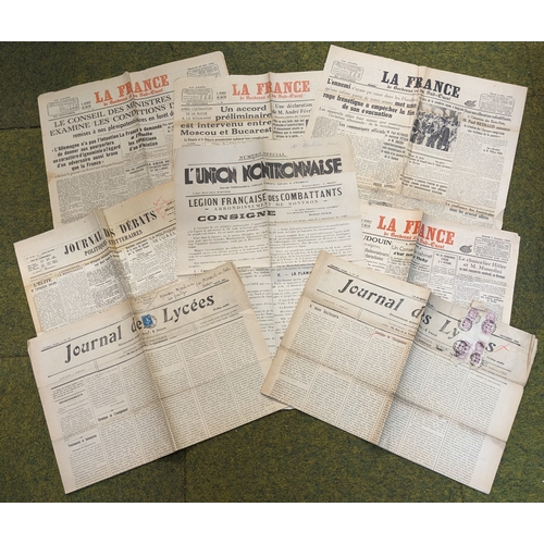 107 - France; Ephemera; February to October 1940 selection of newspapers (single sheets) including many re... 