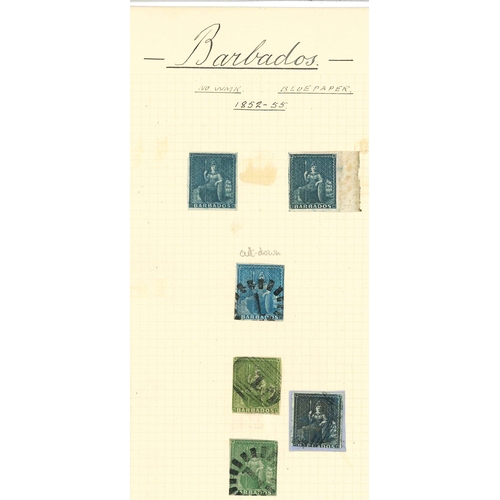 1408 - Barbados; small mix of Britannia types on three pages. (31) Also small map.