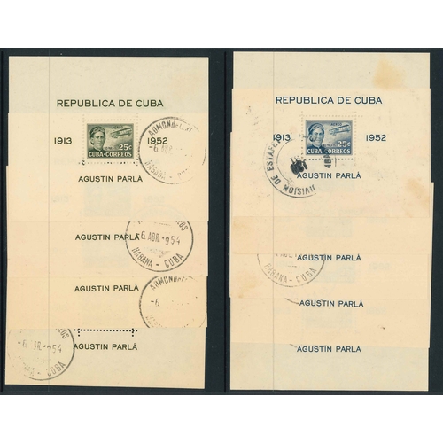 1539 - Cuba; 1952 Florida-Cuba Flight miniature sheets duplicated - 8c blue (5), 8c green (4), 25c blue (5)... 