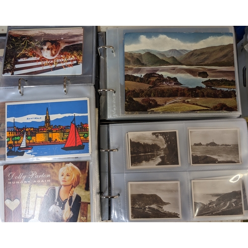 1251 - Postcards; three postcard albums with mix of views, comic, 4 WW1 silks, small commercial photos, etc... 