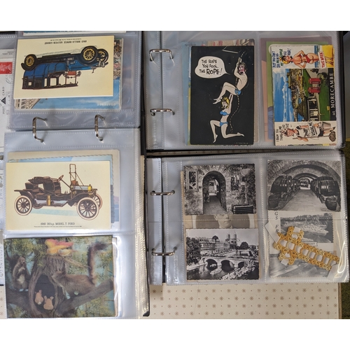 1251 - Postcards; three postcard albums with mix of views, comic, 4 WW1 silks, small commercial photos, etc... 