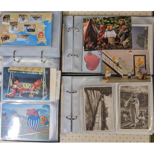 1251 - Postcards; three postcard albums with mix of views, comic, 4 WW1 silks, small commercial photos, etc... 