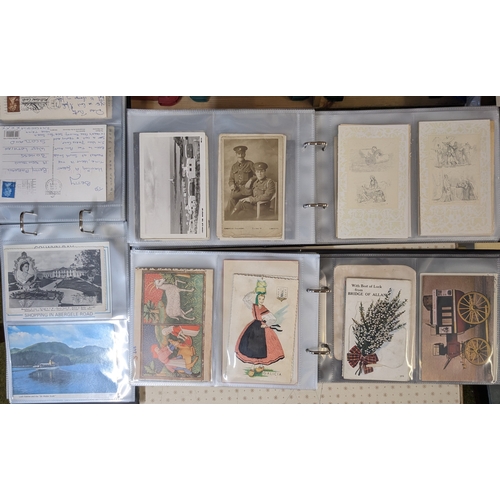 1251 - Postcards; three postcard albums with mix of views, comic, 4 WW1 silks, small commercial photos, etc... 