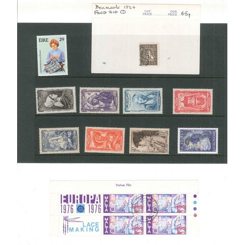 1046 - Thematics; Lace etc.; small selection of stamps on lace, embroidery, etc. (57, 1 sheetlet)... 