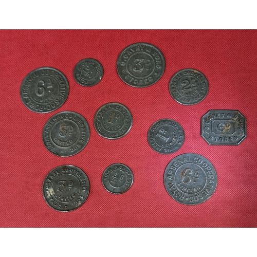 1300 - Tokens; seln. of thin metal ROYAL ARSENAL COOPERATIVE SOC tokens - ½d (2), 1d (2), 2d, 3d (2)... 