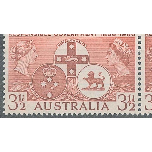 1354 - Australia; 1956 Responsible Government 3½d corner fourblock, one with the 