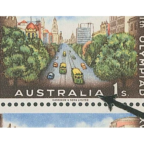 1357 - Australia; 1956 Olympics 1/- marginal fourblock, the upper-right stamp with 