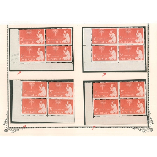 1359 - Australia; 1957 Christmas 3½d - seven similar corner fourblocks, each with re-entry in 