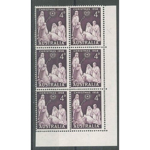 1362 - Australia; 1958 Christmas 4d six-block l.m.m./u.m., the upper-right stamp with 