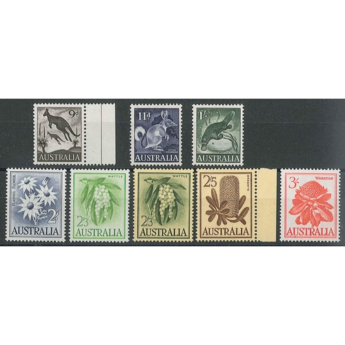 1363 - Australia; 1959-64 Animals and Flowers 9d, 11d, 1/-, 2/-, 2/3 (both), 2/5, and 3/- all u.m., cat.&po... 