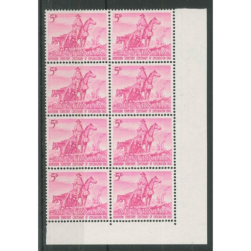 1364 - Australia; 1960 Northern Territory 5d eight-block, stamp 3/2 with variety 