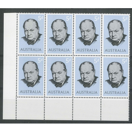 1366 - Australia; 1965 Churchill 5d corner eight-block, the upper right stamp with 