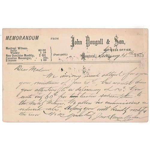 1471 - Canada; 1878 postal stationery 1c postcard with message from newspaper office on reverse, but sent e... 