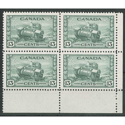 1482 - Canada; 1942-48 War Effort 13c u.m. corner fourblock. SG 384, cat.£15 each = £60.... 