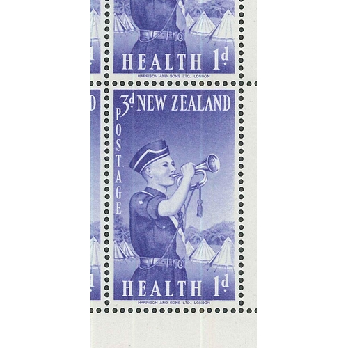 2168 - New Zealand; 1958 Health (Boys' Brigade) 3d + 1d miniature sheet u.m., the lower-right stamp with 