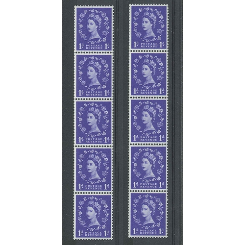 UK; 1957 Graphite 1d - two vertical coil strips of five, the middle ...