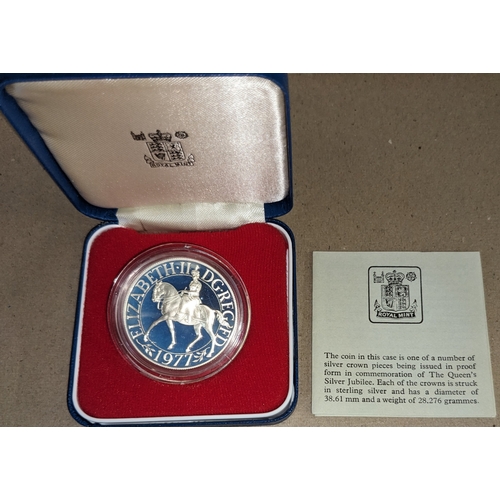 1129 - UK Coins; 1977 Silver Jubilee silver proof crown in original box.