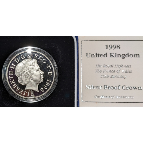 1181 - UK Coins; 1998 Prince of Wales Birthday £5 crown silver proof in original box.