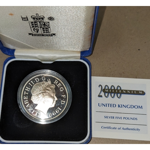 1183 - UK Coins; 1999 Millennium £5 silver proof crown, in original box. Some toning on reverse.... 