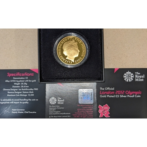 1205 - UK Coins; 2012 Olympic £5 gold plated silver proof crown, in original box.