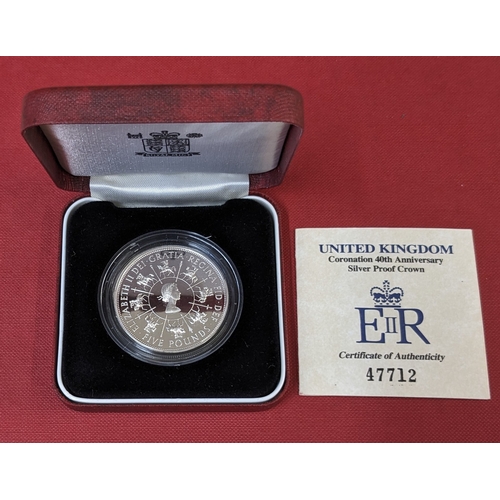 1156 - UK Coins; 1993 Coronation Anniversary £5 silver proof crown in original box.