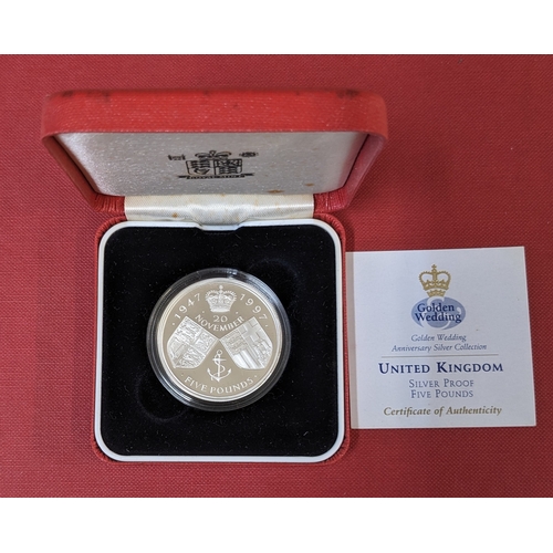 1179 - UK Coins; 1997 Golden Wedding £5 silver proof crown in original box (tone spots inside lid).... 