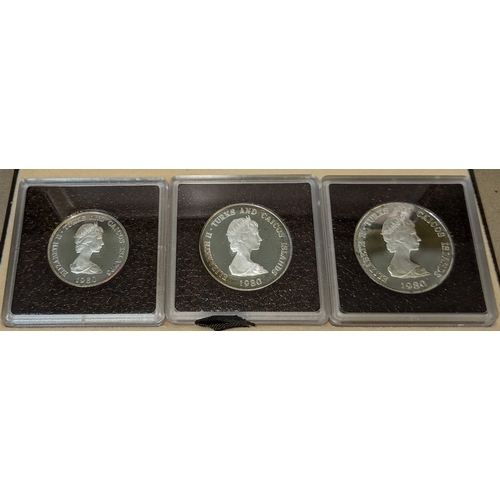 1248 - Coins; Turks and Caicos Islands; 1979-80 set of three Mountbatten silver proof coins in original box... 