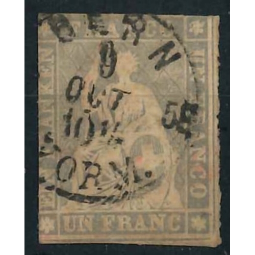 333 - Switzerland; 1854-62 Seated Helvetia 1f grey-lilac with black security thread sound used, two margin... 