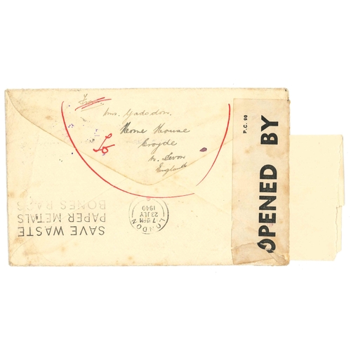 3210 - UK Covers; 1940 cover addressed to Juan-les-Pins, France (containing brief letter dated 18 June, fro... 