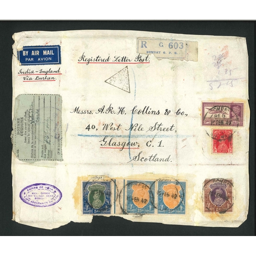 1956 - India; 1942 front from a registered airmail packet to Scotland, franked with six adhesive which incl... 