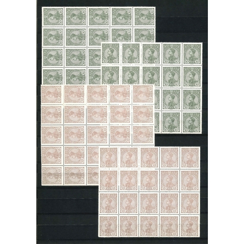 292 - Portugal; 1910 Manoel duplicated lot in u.m. blocks (often of 25) comprising 2½r (213), 5r (27), 10r... 