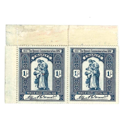 3304 - UK Cinderellas; 1897 Prince of Wales's Hospital Fund 1/- label - unit of three (offset on gum), and ... 