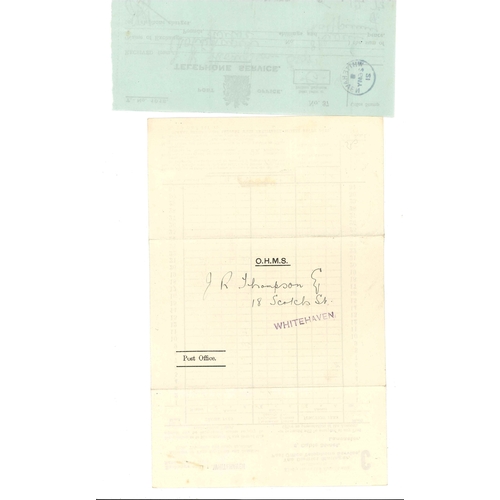 2918 - UK Telephone Service; 1921 itemised telephone account issued in Whitehaven, with receipt for same (W... 