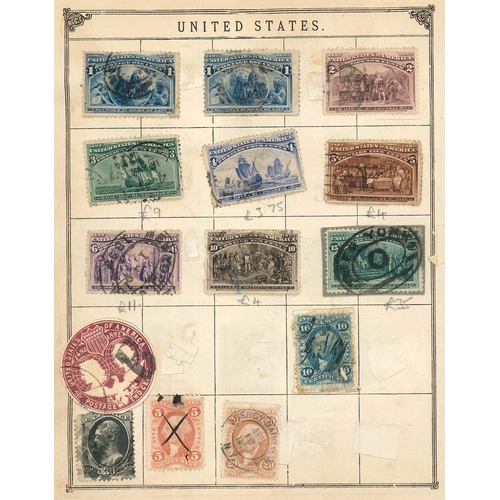 346 - USA; pages from old album inc. 1893 Columbus 15c u. on piece, 30c and 50c good/sound used (c.90).... 