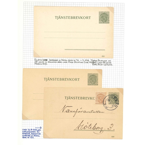 327 - Sweden; Postal Stationery; extensive and detailed collection, written-up on leaves, of Official card... 