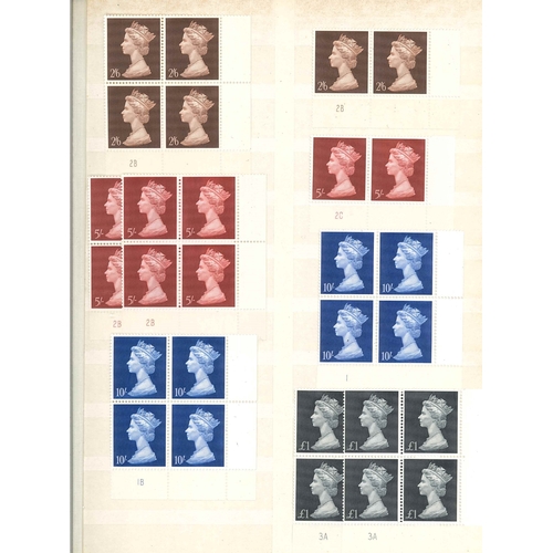 2794 - UK; 1969 Machin high values in u.m. corner plate blocks - 2/6, 5/- (2), 10/- (2), £1 (2), plus... 