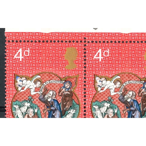 2810 - UK; 1970 Christmas 4d u.m. six-block, the upper centre stamp with dry print of the blue (upper left ... 