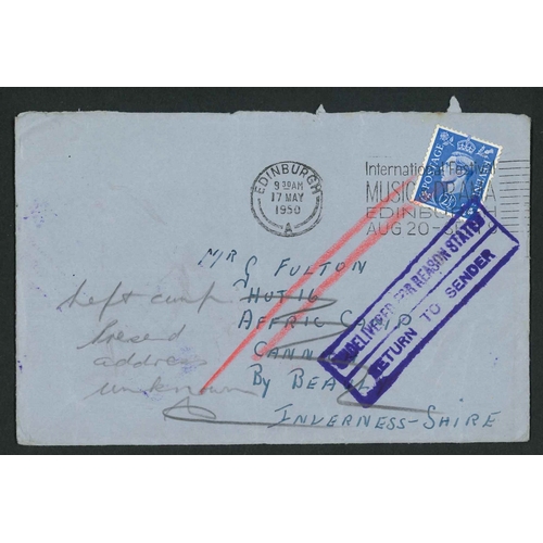 3153 - Scottish Postal History; 1950 cover Edinburgh to Affric Camp, by Beauly (hydro-electric construction... 