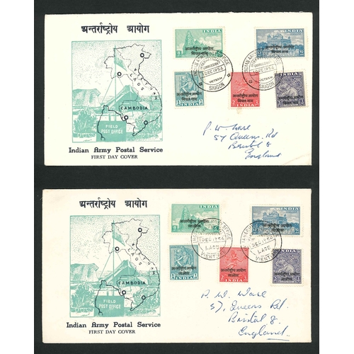 1966 - Indian Forces in Indo-China; 1954 sets of five for Laos and for Vietnam, each set on illus. FDC. Sta... 