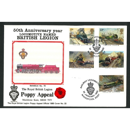 3086 - UK FDCs; 1985 Famous Trains - two official covers - British Legion Maidstone, and Flying Scotsman Do... 