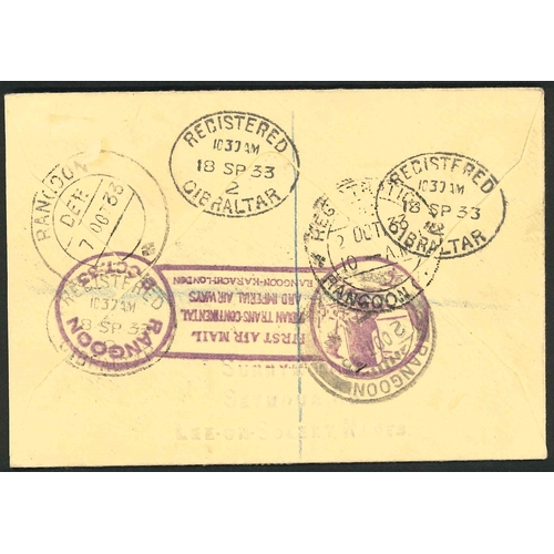 1823 - Gibraltar; 1933 cover to Burma, redirected to England, carried on first Karachi to Rangoon extension... 