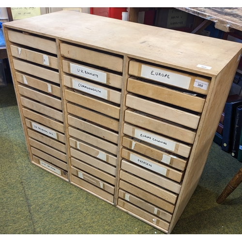 360 - Mixed Lots; home-made wooden cabinet with 36 drawers into which are partly sorted stamps etc. of UK,... 