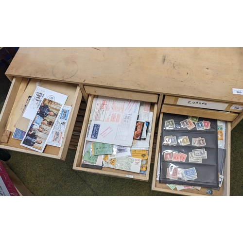 360 - Mixed Lots; home-made wooden cabinet with 36 drawers into which are partly sorted stamps etc. of UK,... 