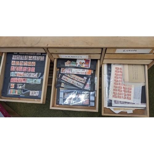 360 - Mixed Lots; home-made wooden cabinet with 36 drawers into which are partly sorted stamps etc. of UK,... 