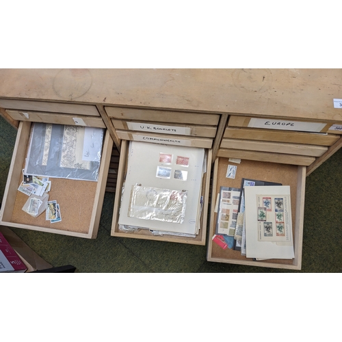 360 - Mixed Lots; home-made wooden cabinet with 36 drawers into which are partly sorted stamps etc. of UK,... 