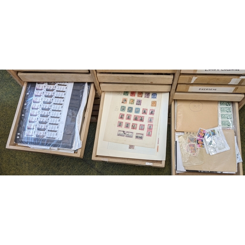 360 - Mixed Lots; home-made wooden cabinet with 36 drawers into which are partly sorted stamps etc. of UK,... 