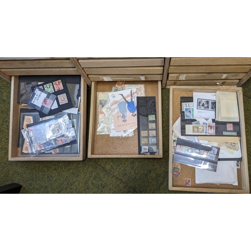 360 - Mixed Lots; home-made wooden cabinet with 36 drawers into which are partly sorted stamps etc. of UK,... 