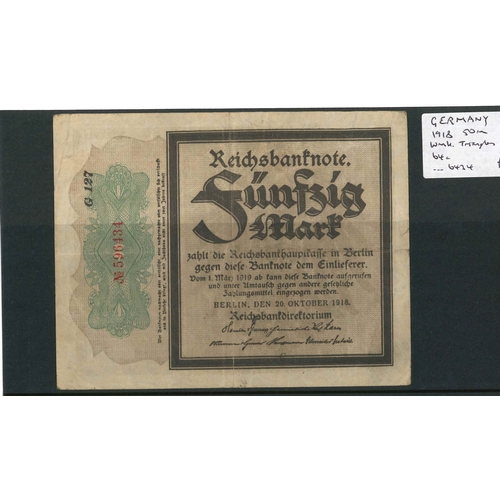 78 - Banknotes; Germany; 1918 50m with wmk. Triangles, F+, Krause 64c.