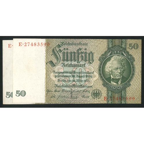 82 - Banknotes; Germany; 1933 50m - two consecutive notes, with Hansemann wmk., EF/EF+, Krause 182a.... 