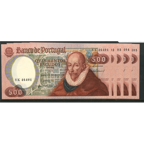 148 - Banknotes; Portugal; 1979 (1982) 500e - five sequential notes, EF+. Krause 177.... 